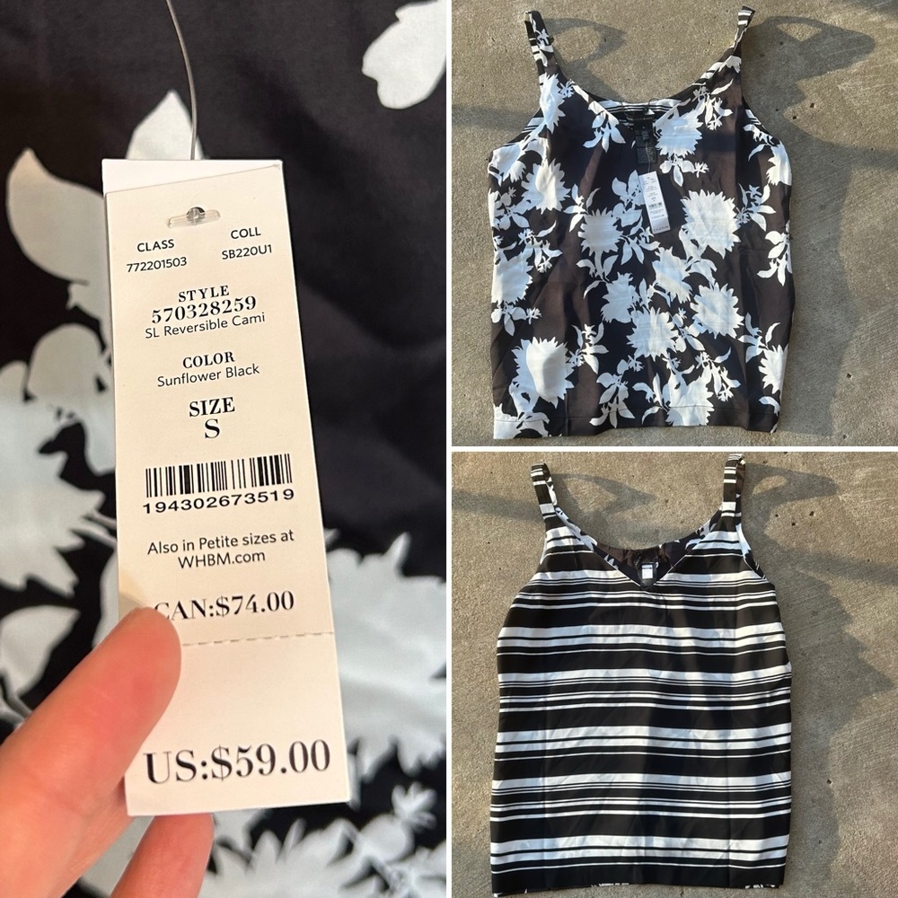 WHBM Reversible Cami Floral Stripe S Small NWT Black White Sunflower